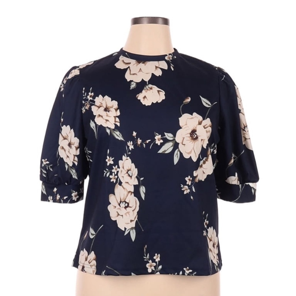 Floral Navy Blue Short Sleeve Blouse